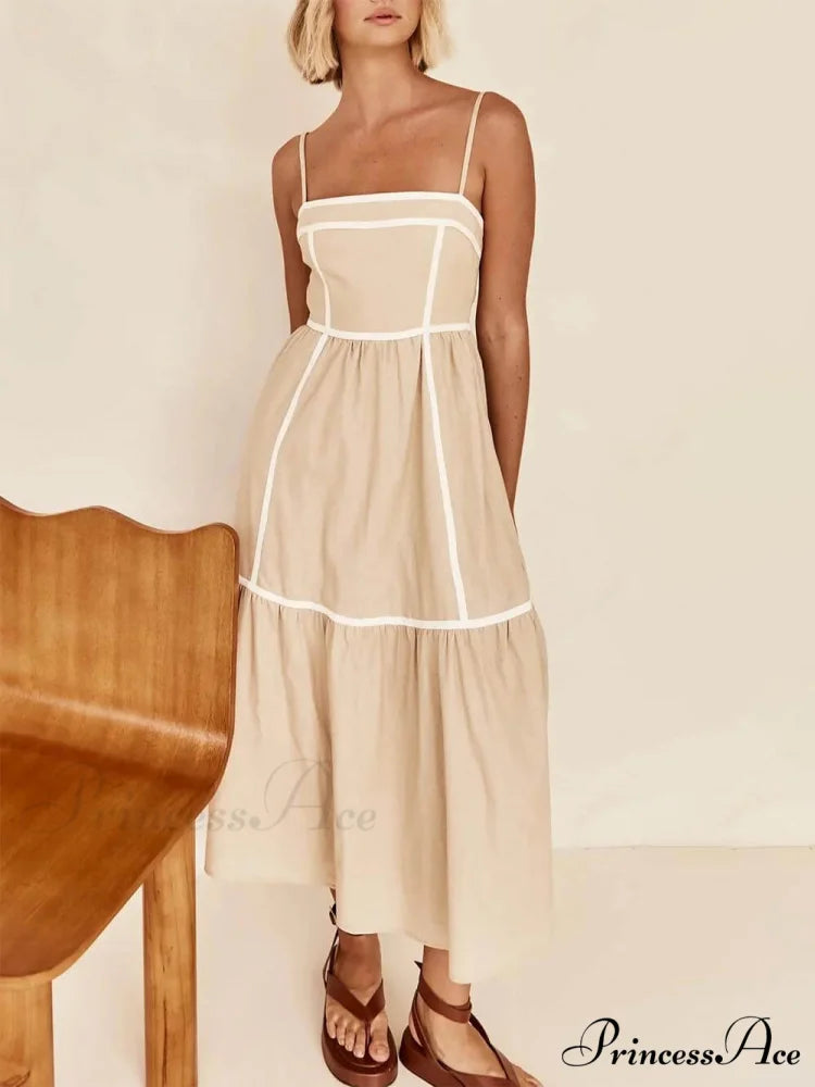 Contrast Color Trim Charming Adjustable Straps Midi Dress Apricot / S