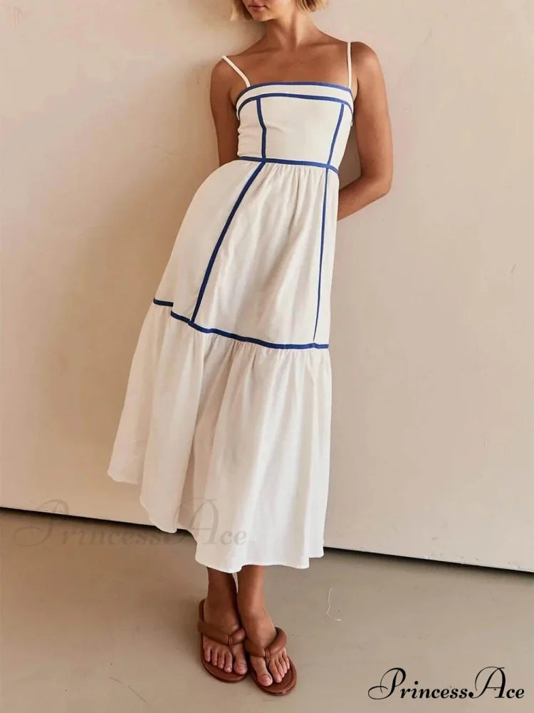 Contrast Color Trim Charming Adjustable Straps Midi Dress Blue / S