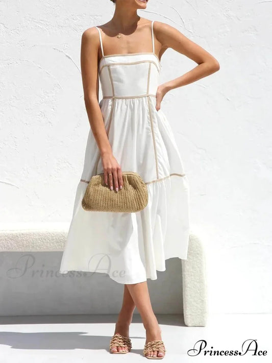Contrast Color Trim Charming Adjustable Straps Midi Dress White / S