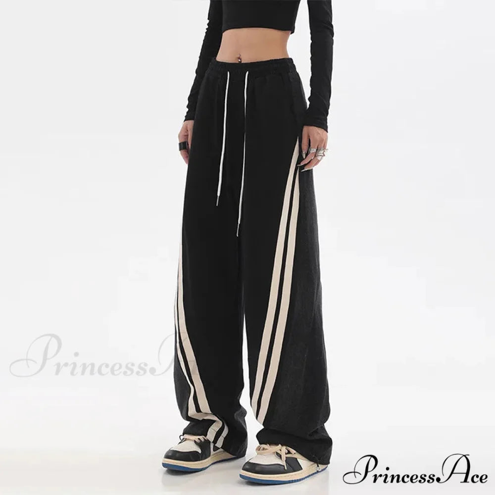 Contrast Color Women High Waist Straight Cropped High Street Drawstring Tie Up Sweatpants Cylinder Lady Wide Leg Jean