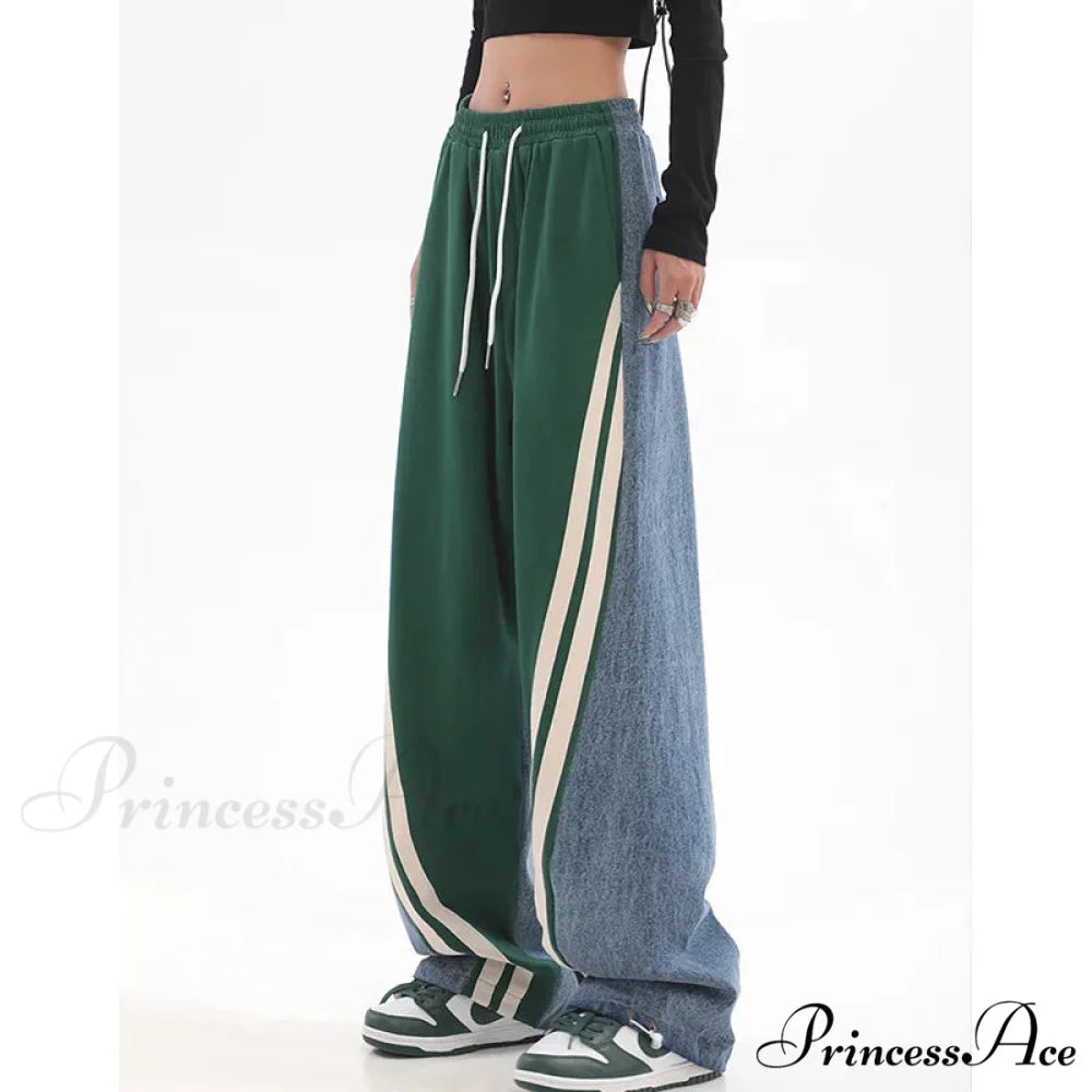 Contrast Color Women High Waist Straight Cropped High Street Drawstring Tie Up Sweatpants Cylinder Lady Wide Leg Jean