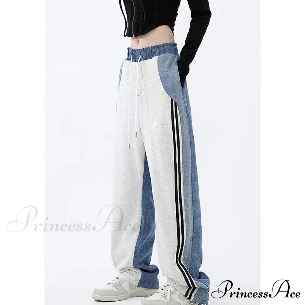 Contrast Color Women High Waist Straight Cropped High Street Drawstring Tie Up Sweatpants Cylinder Lady Wide Leg Jean