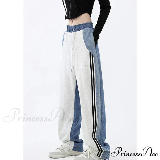 Contrast Color Women High Waist Straight Cropped High Street Drawstring Tie Up Sweatpants Cylinder Lady Wide Leg Jean