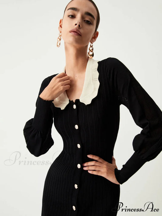 Contrast Eyelet Collar Long Modern Sleeve Midi Sweater Dress