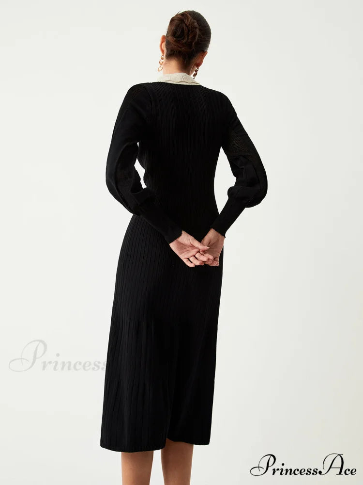 Contrast Eyelet Collar Long Modern Sleeve Midi Sweater Dress