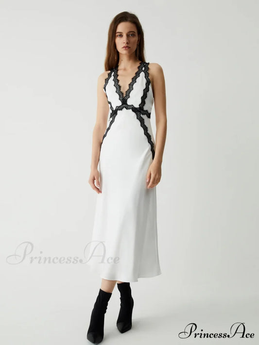 Contrast Lace Graceful Satin Long Dress