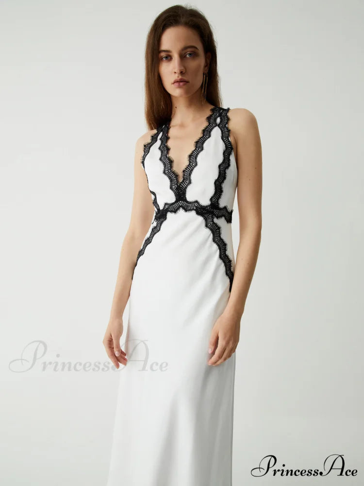 Contrast Lace Graceful Satin Long Dress