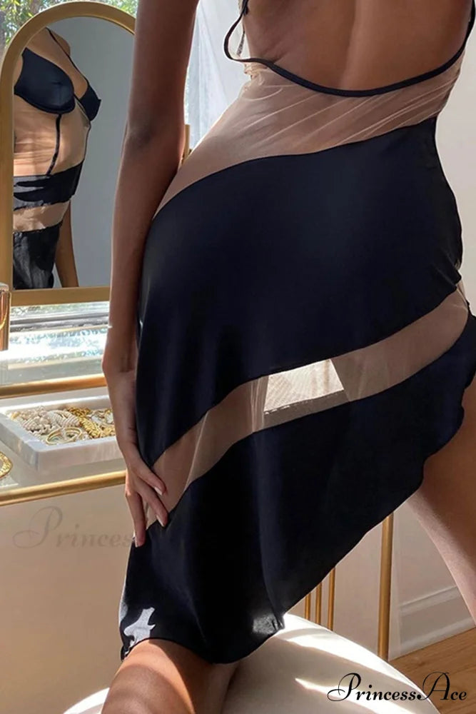 Contrast Mesh Irregular Cami Dress Black / L