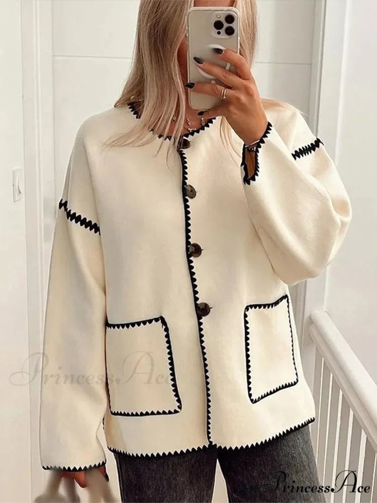 Contrast O Neck Loose Elegant Long Sleeves Winter New Stylish Fashionable Coat