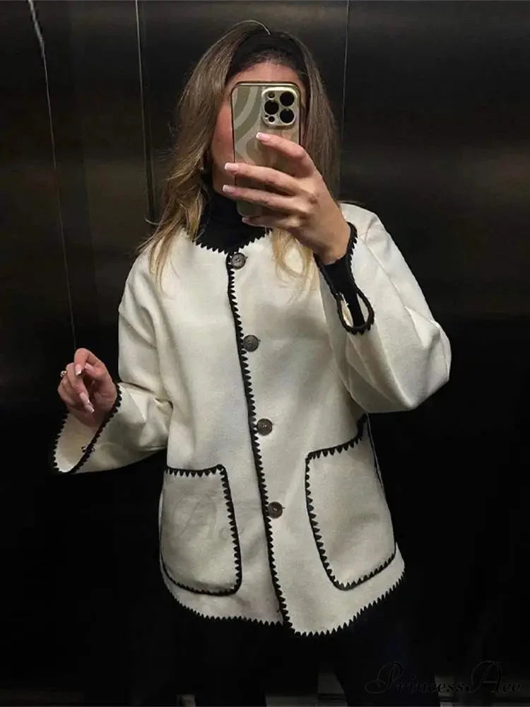 Contrast O Neck Loose Elegant Long Sleeves Winter New Stylish Fashionable Coat White / S