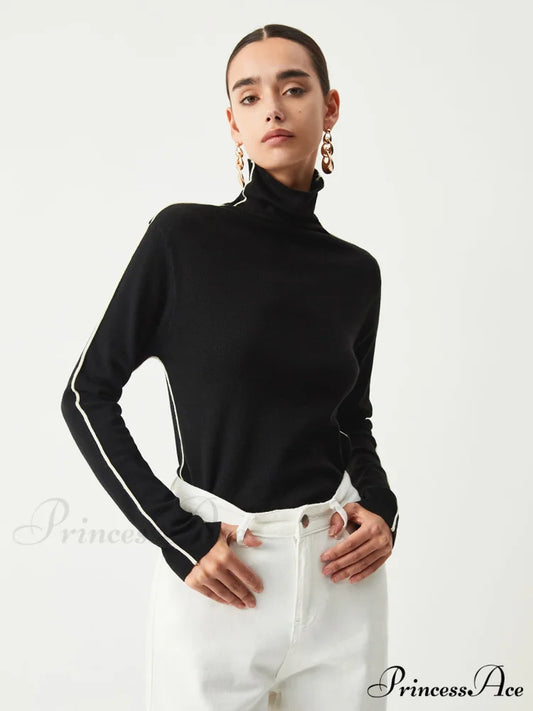 Contrast Piping Turtleneck Trendy Long Sleeve Top