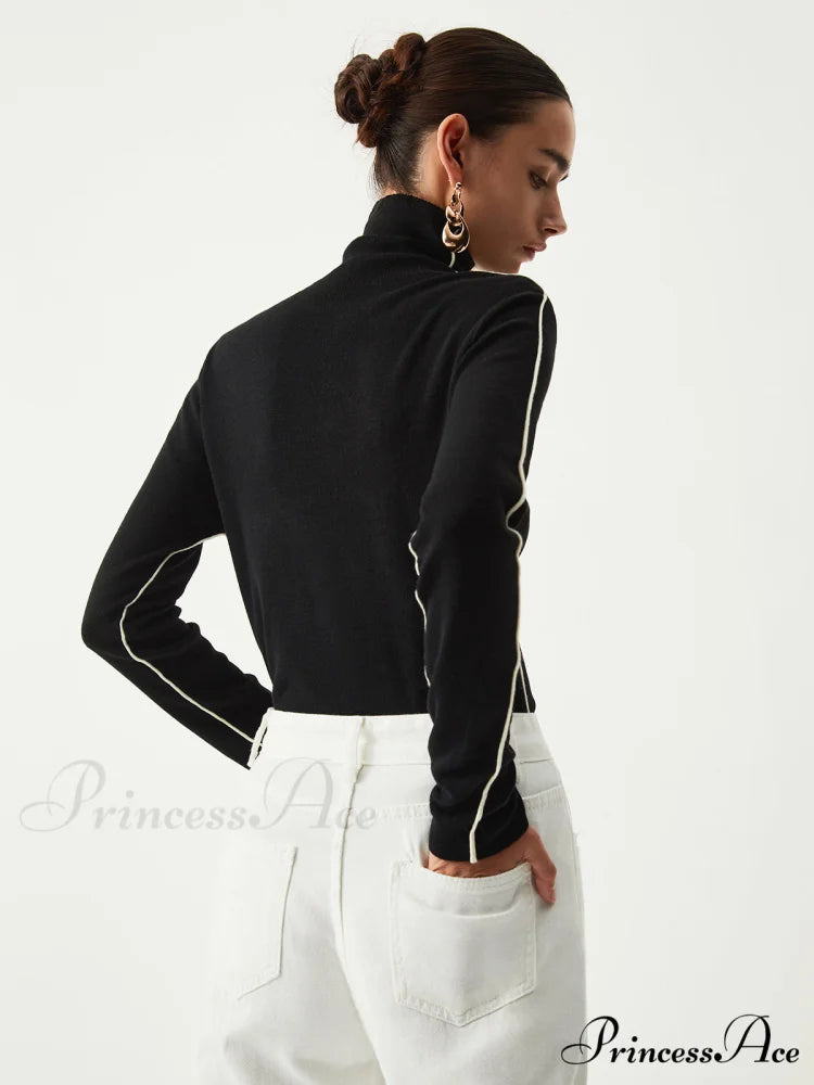 Contrast Piping Turtleneck Trendy Long Sleeve Top