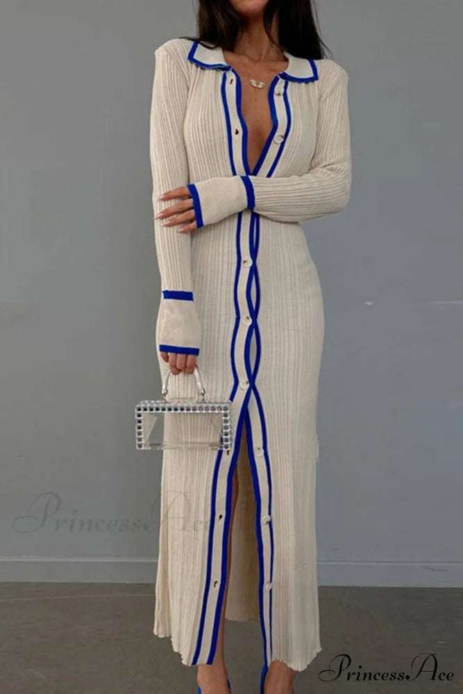 Contrast Ribbed Dress with Lapel Blue / S