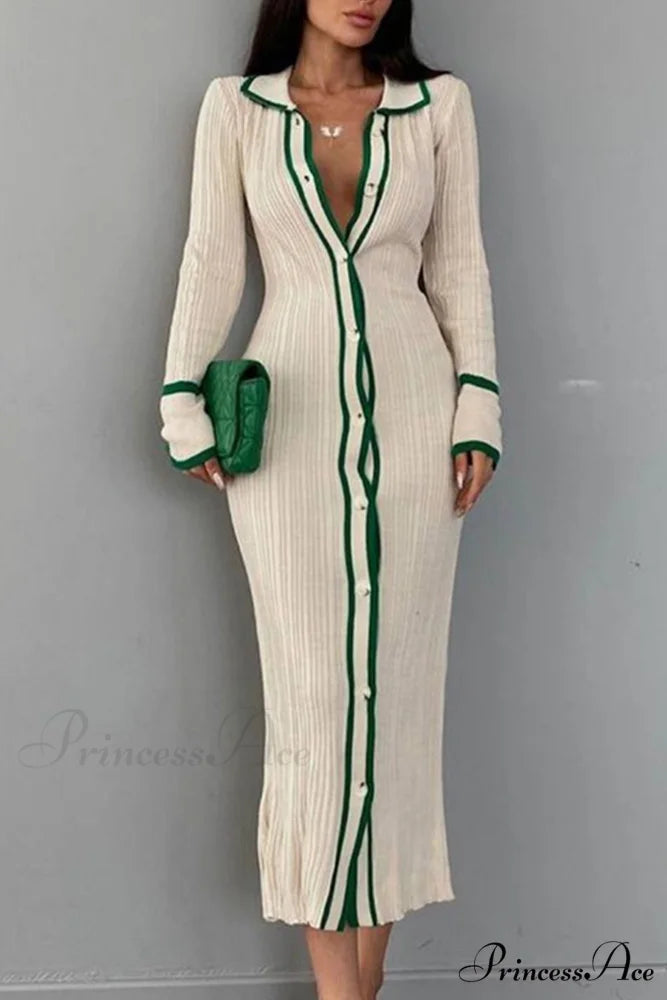 Contrast Ribbed Dress with Lapel Green / L