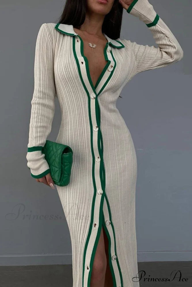 Contrast Ribbed Dress with Lapel Green / S