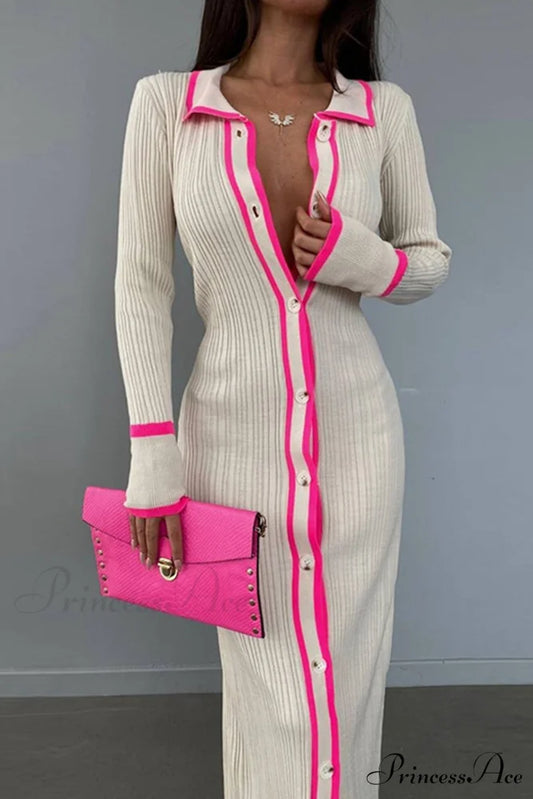 Contrast Ribbed Dress with Lapel Rose / S