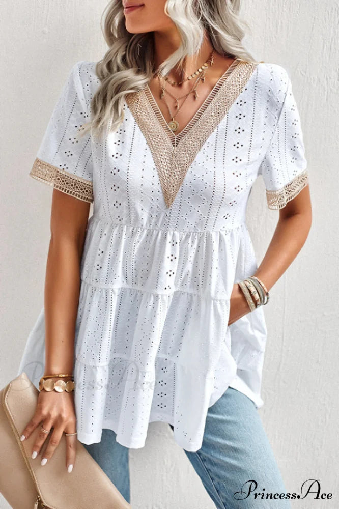 Contrast Short Stylish Sleeve Tiered Blouse