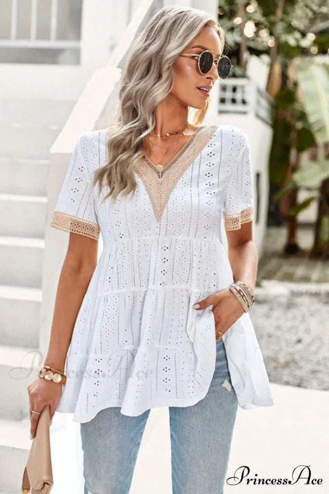 Contrast Short Stylish Sleeve Tiered Blouse