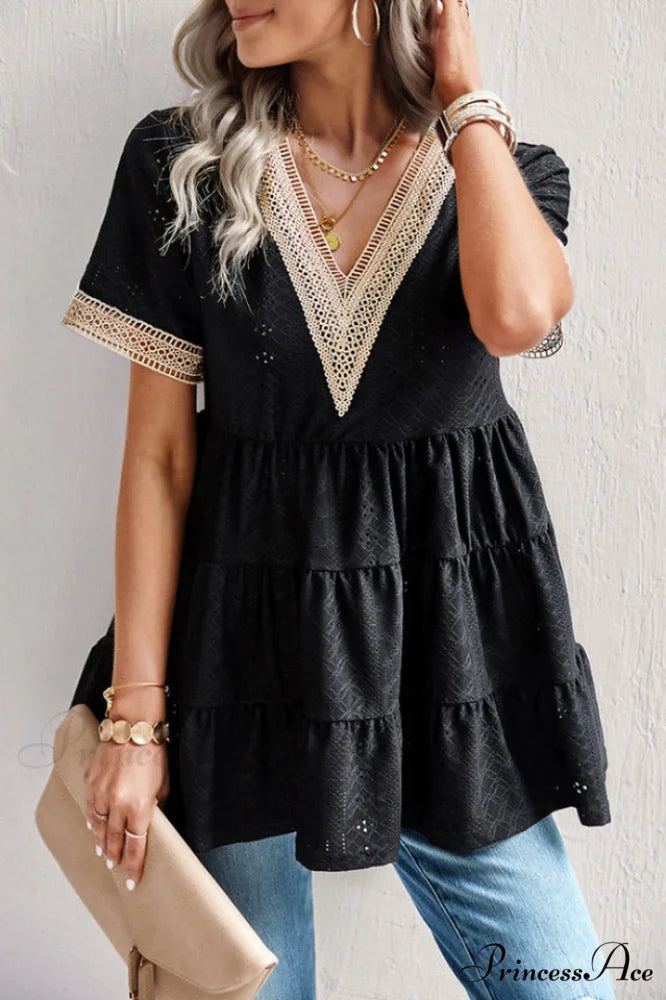 Contrast Short Stylish Sleeve Tiered Blouse