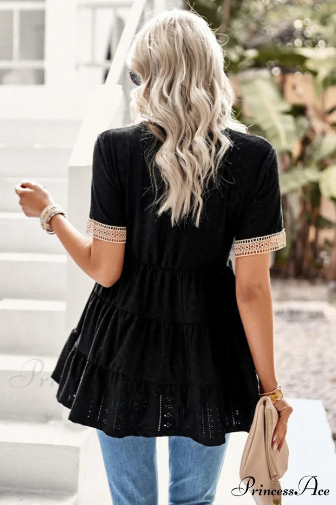 Contrast Short Stylish Sleeve Tiered Blouse