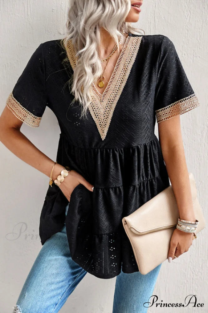 Contrast Short Stylish Sleeve Tiered Blouse