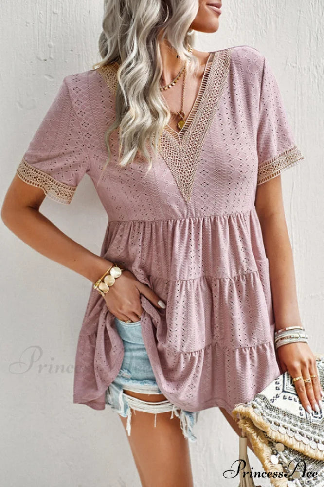 Contrast Short Stylish Sleeve Tiered Blouse