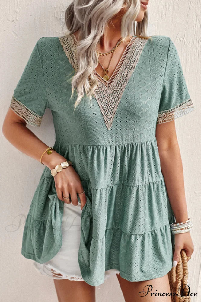 Contrast Short Stylish Sleeve Tiered Blouse