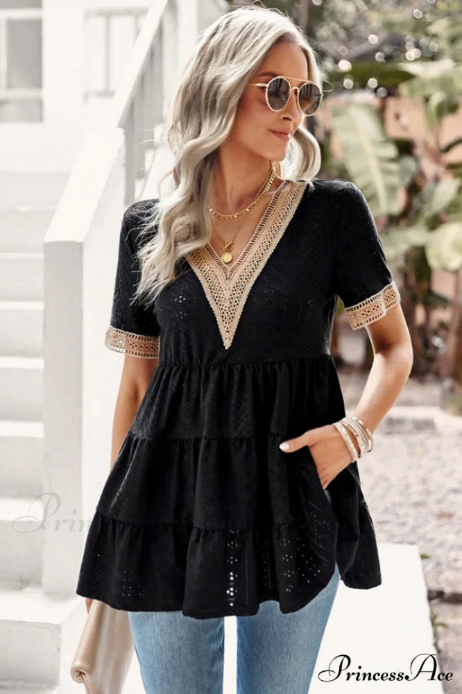 Contrast Short Stylish Sleeve Tiered Blouse S / Black