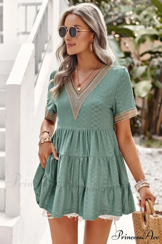 Contrast Short Stylish Sleeve Tiered Blouse S / Sage