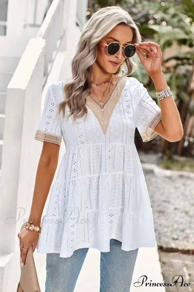 Contrast Short Stylish Sleeve Tiered Blouse S / White