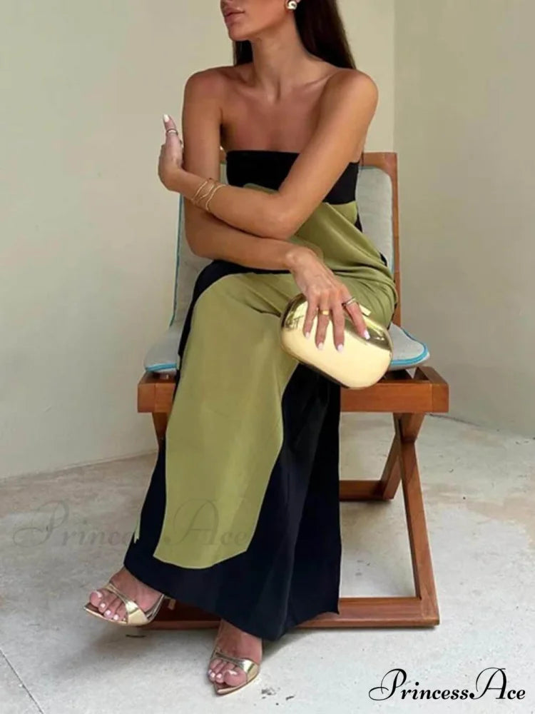 Contrast Sleeveless Off Charming Shoulder Printed Maxi Dress