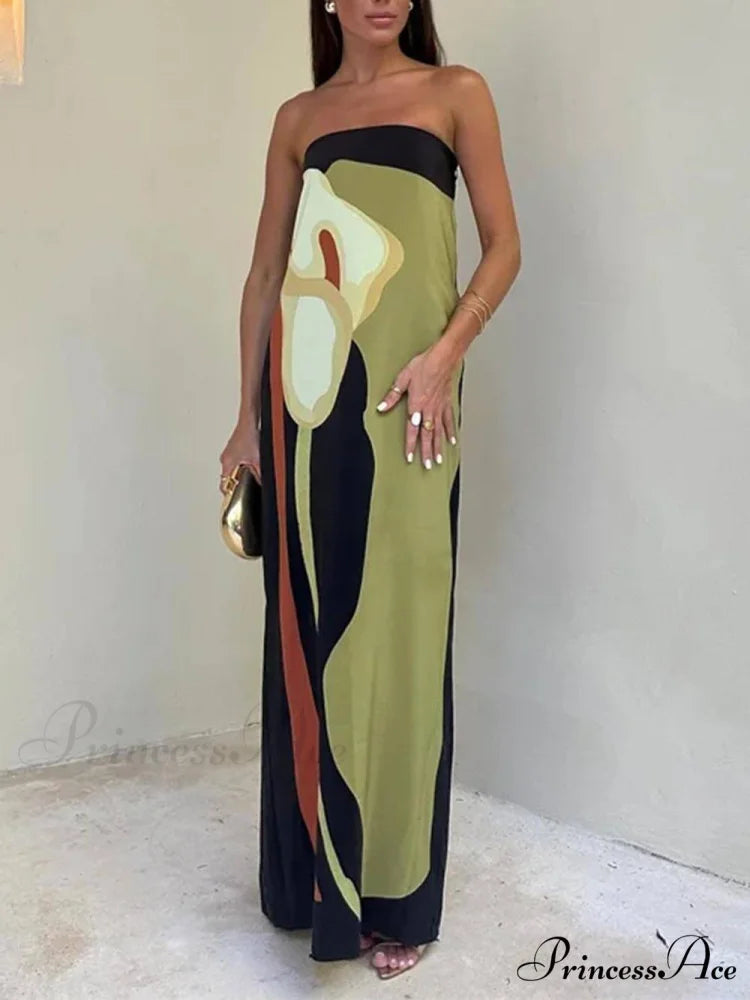 Contrast Sleeveless Off Charming Shoulder Printed Maxi Dress Green / S