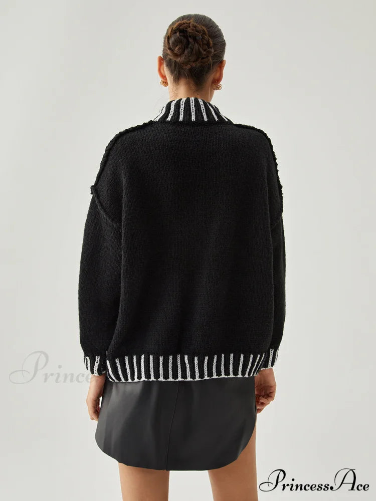 Contrast Stitch Graceful Mock Neck Sweater