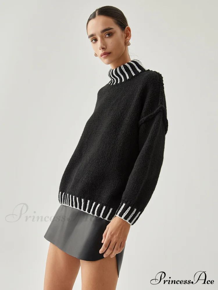 Contrast Stitch Graceful Mock Neck Sweater
