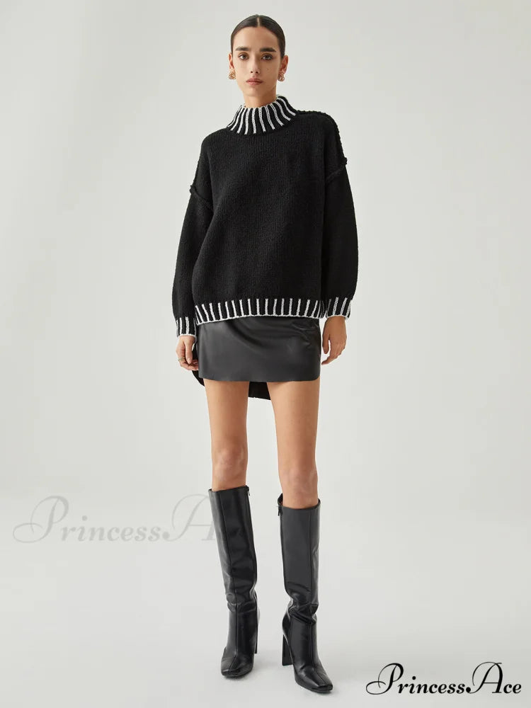 Contrast Stitch Graceful Mock Neck Sweater