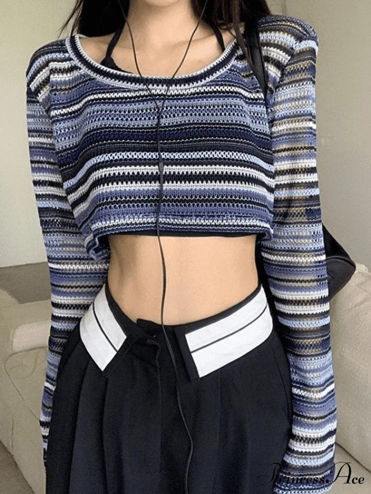 Contrast Stitch Ribbed Trendy Cropped Tank Top Blue / ONE SIZE