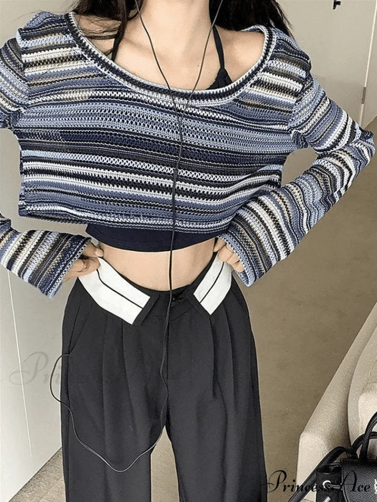 Contrast Stitch Ribbed Trendy Cropped Tank Top Blue / ONE SIZE