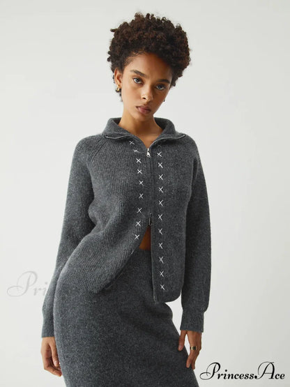 Contrast Stitches Two Way Zip Classic Long Sleeve Two Piece Skirt Set