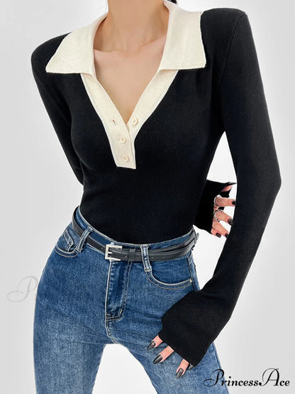 Contrast Trim Button Trendy Up Ribbed Shirt Black / XS