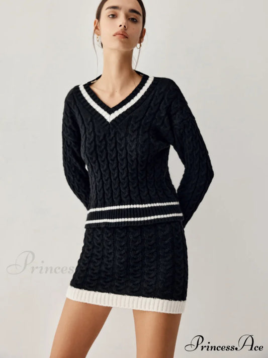 Contrast Trim Cable Knit Modern Sweater With Matching Skirt