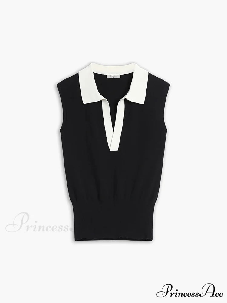 Contrast Trim Collar Trendy V-neck Knit Sweater Vest