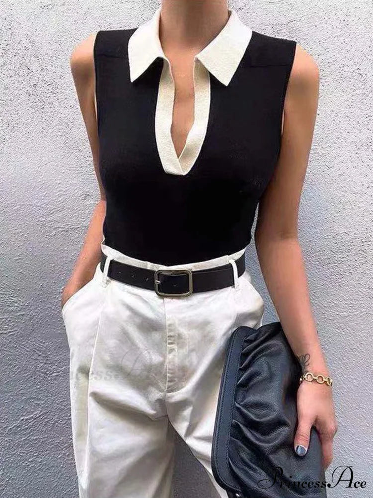 Contrast Trim Collar Trendy V-neck Knit Sweater Vest Black / XS