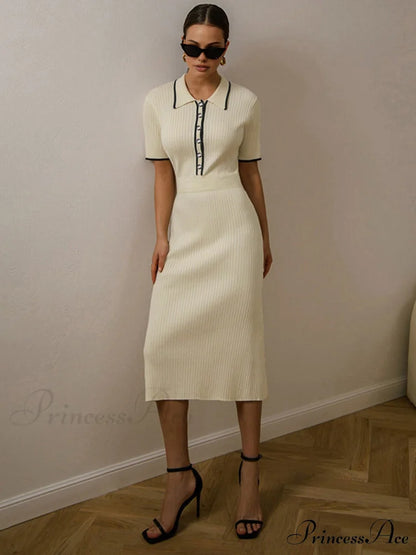Contrast Trim Collared Rib Modern Knit Short Sleeve Midi Dress Apricot / XS