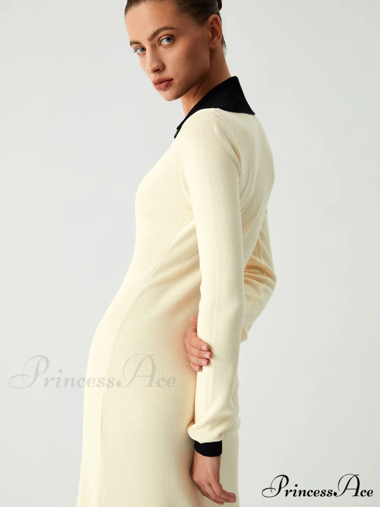 Contrast Trim Collared Trendy Long Sleeve Knit Dress