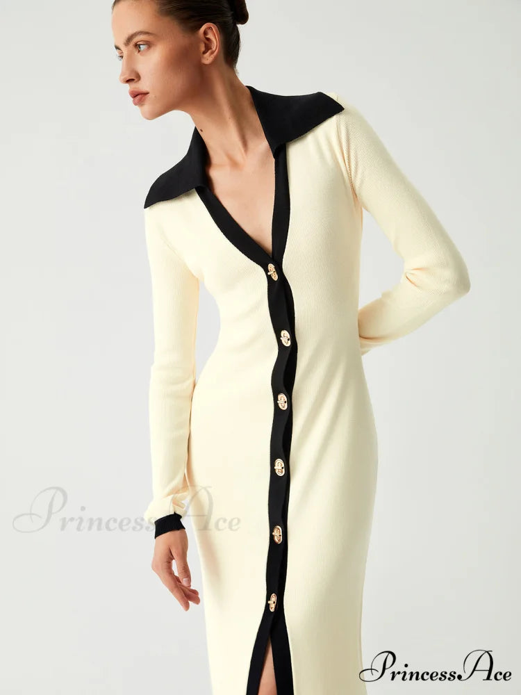 Contrast Trim Collared Trendy Long Sleeve Knit Dress