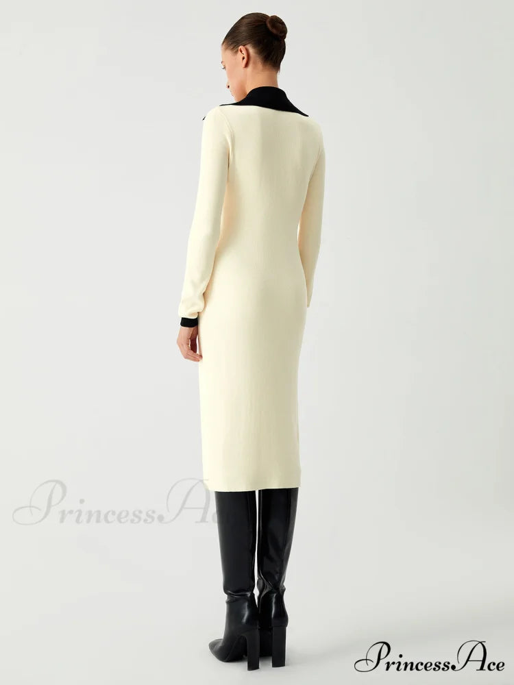 Contrast Trim Collared Trendy Long Sleeve Knit Dress