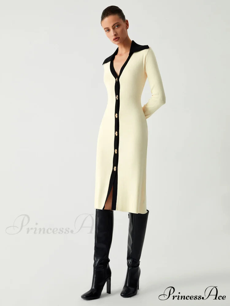 Contrast Trim Collared Trendy Long Sleeve Knit Dress