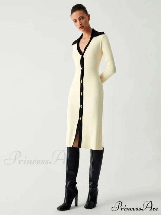 Contrast Trim Collared Trendy Long Sleeve Knit Dress