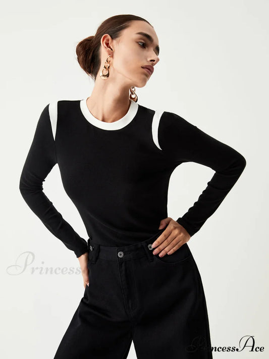 Contrast Trim Graceful Long Sleeve Shirt Black / XS