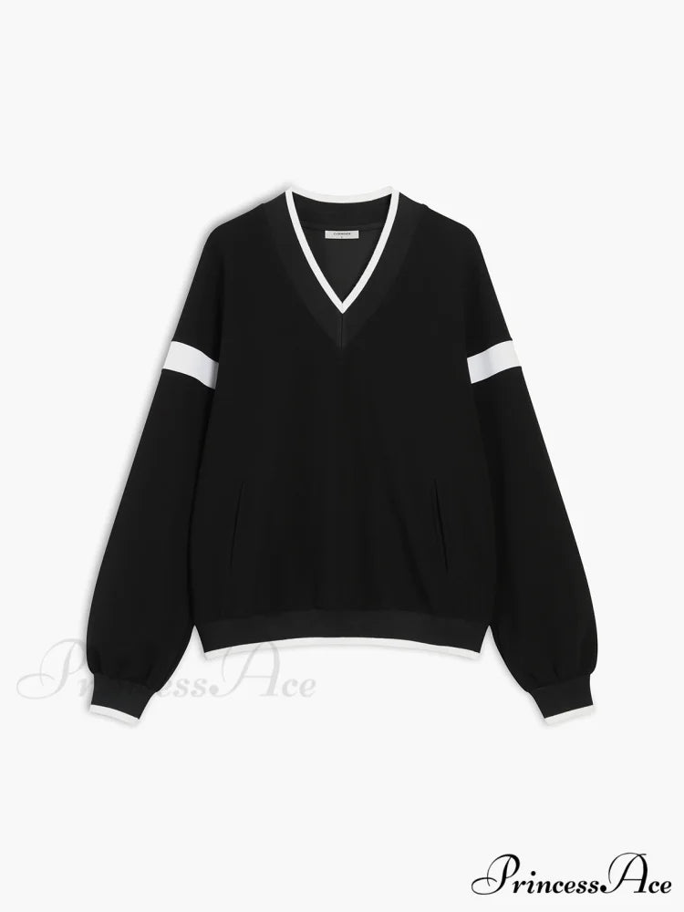 Contrast Trim Graceful Oversized Sweatshirt Black / XS
